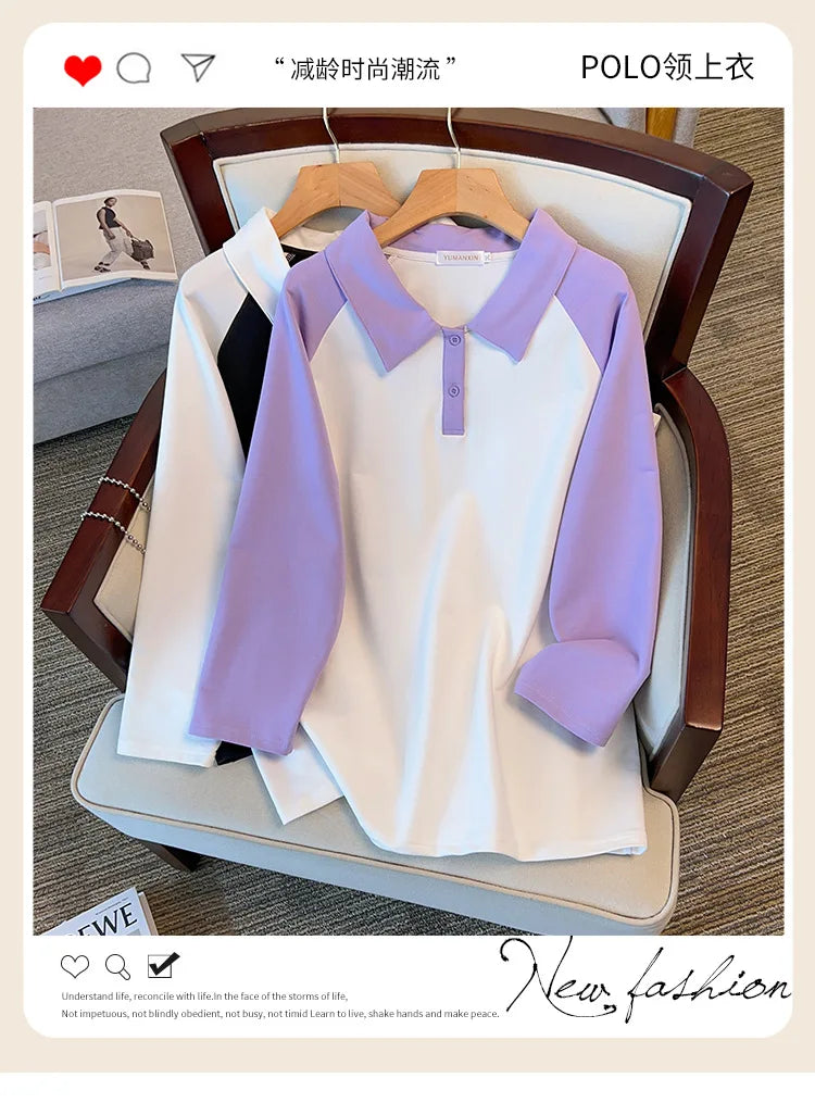 170kg plus size Damen büste Frühling Herbst loser Polo kragen kontrastieren des Sweatshirt schwarz lila 4xl 5xl 6xl 7xl 8xl 9xl.