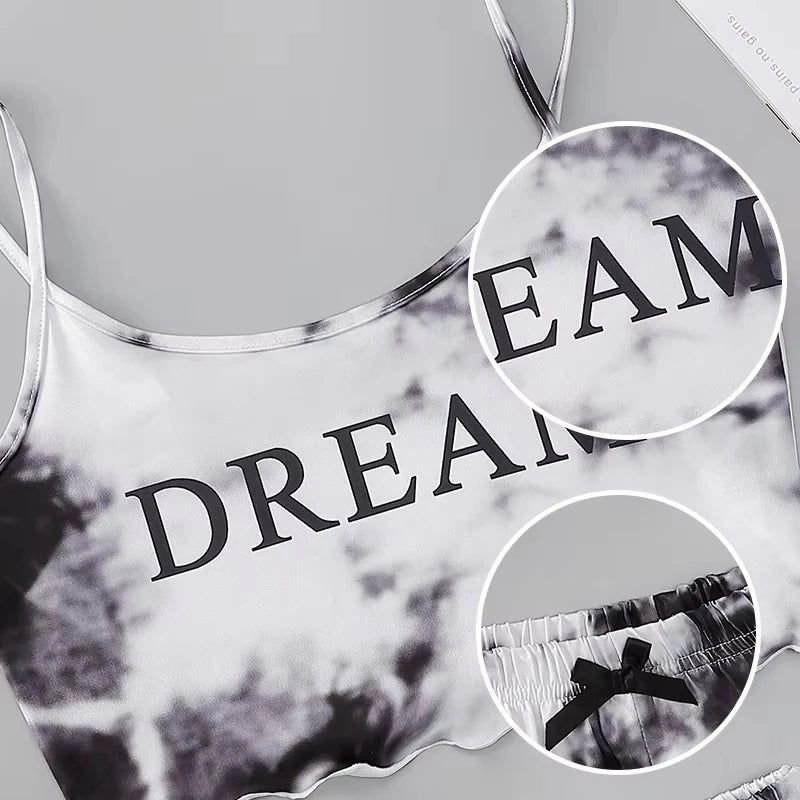 Y2K Tie Dye Dream Grafik-Pyjama-Set für Damen, Cami-Crop-Top und Shorts, zweiteilige Nachtwäsche, Loungewear, sexy Salatbesatz, neu und heiß.