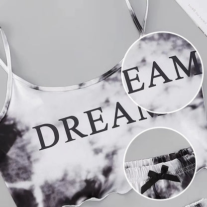 Y2K Tie Dye Dream Grafik-Pyjama-Set für Damen, Cami-Crop-Top und Shorts, zweiteilige Nachtwäsche, Loungewear, sexy Salatbesatz, neu und heiß.