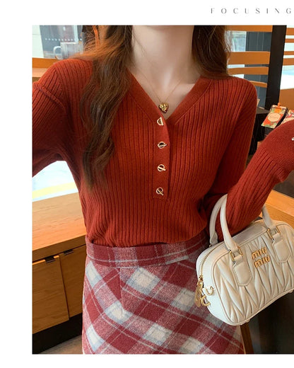 2023 herbst Winter Frauen Pullover Beiläufige Dünne Taste Gestrickte Pullover Pullover Femme Grundlegende Solide Jersey Tops Mode Kleidung.