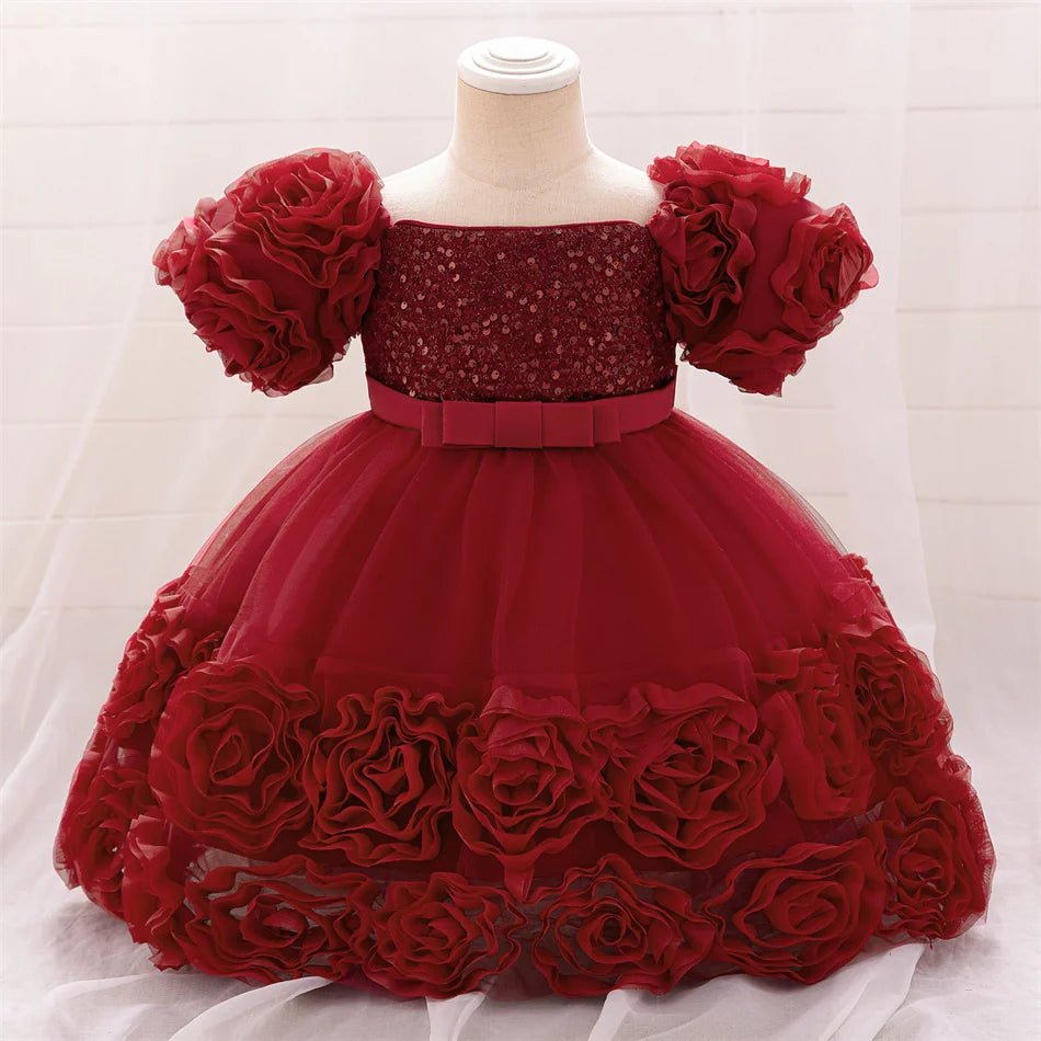 Kleinkind Rot Pailletten Mesh Kleid Mädchen Baby Einfarbig Neue Jahr Party Formale Kostüm Leistung Prinzessin Kleid Geburtstag Kleidung