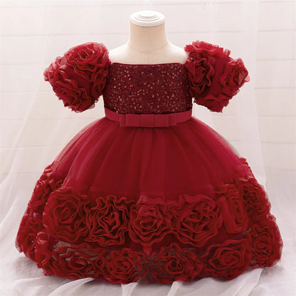 Kleinkind Rot Pailletten Mesh Kleid Mädchen Baby Einfarbig Neue Jahr Party Formale Kostüm Leistung Prinzessin Kleid Geburtstag Kleidung