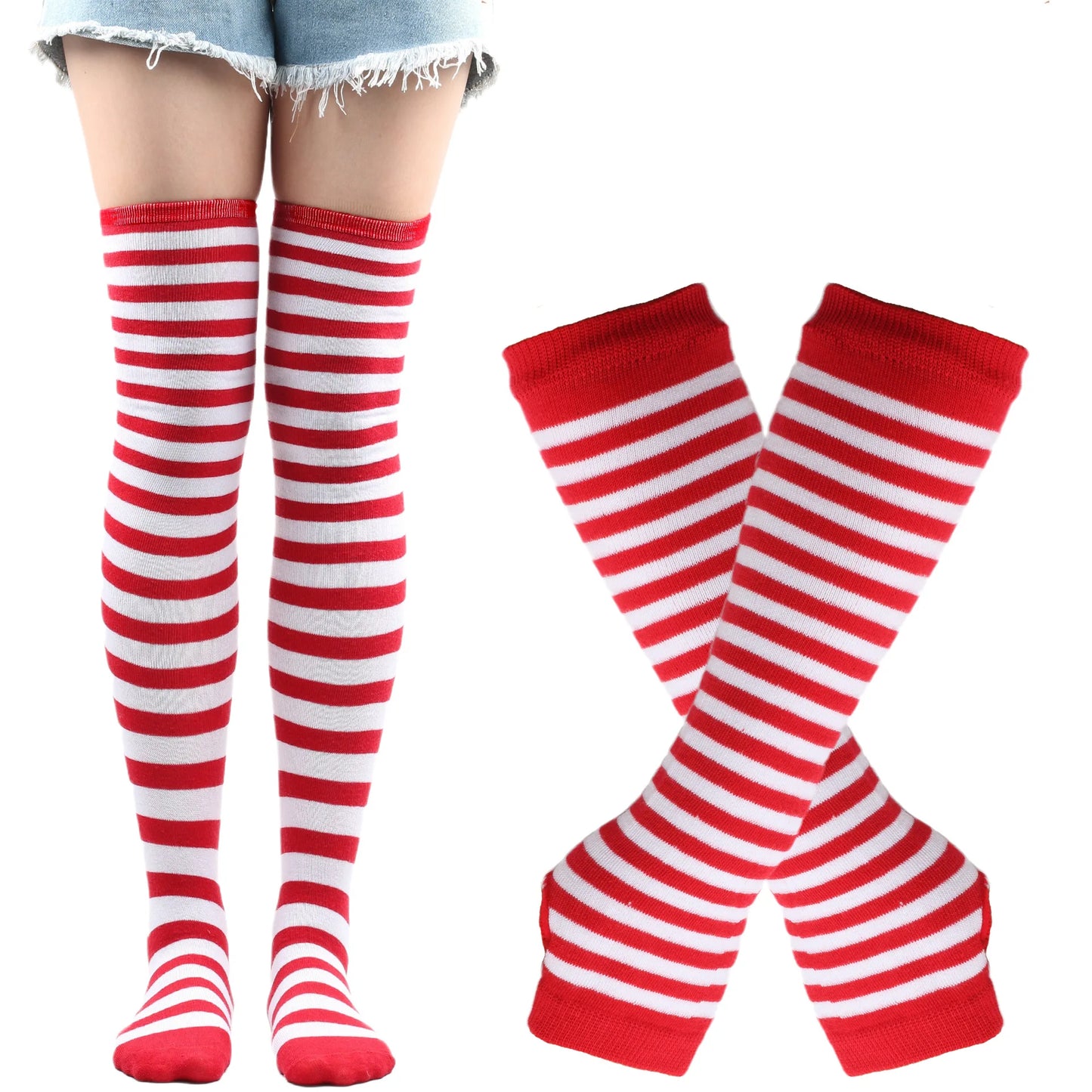 2Pair/Set Women Gothic Punk Over Knee Long Stripe Socks Girl Arm Sleeve Gloves Thigh High Cotton Socks Sweet Cute Soks Hosiery.