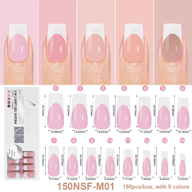 150Pcs/Box Acrylic Press on Nails Full Cover Fake False Tips Soft Gel Extension T-shaped Oval Capsule Almond Sculpted Salon DIY