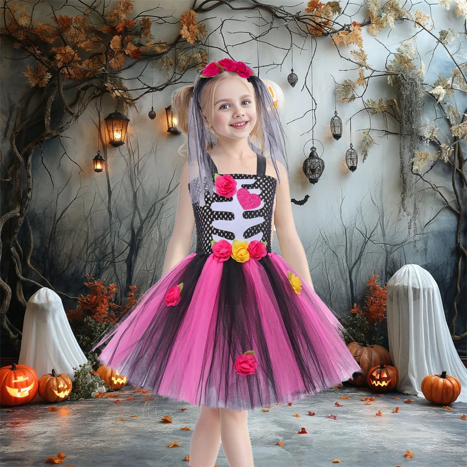 Halloween Kinder Kleid Cosplay Herz druck Skelett Kostüme Mädchen Blumen Schädel Tutu Kleidung Kinder Karneval Leistung Outfits.