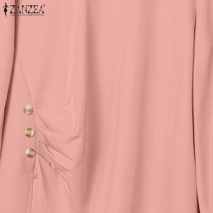 ZANZEA Muslim Women 2 Pieces Pant Sets Hijabis Casual Asymmetric Hem Long Sleeve Blouses & Pleated Pants 2pcs Suits Outfits