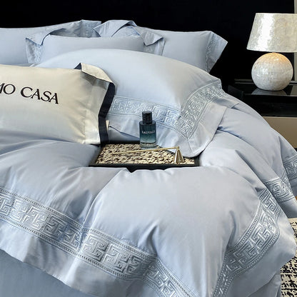 100% Egyptian Cotton White Luxury Embroidery Hotel Style Bedding Set Duvet Cover Set Flat/Fitted Bed Sheet Pillowcases 4Pcs.