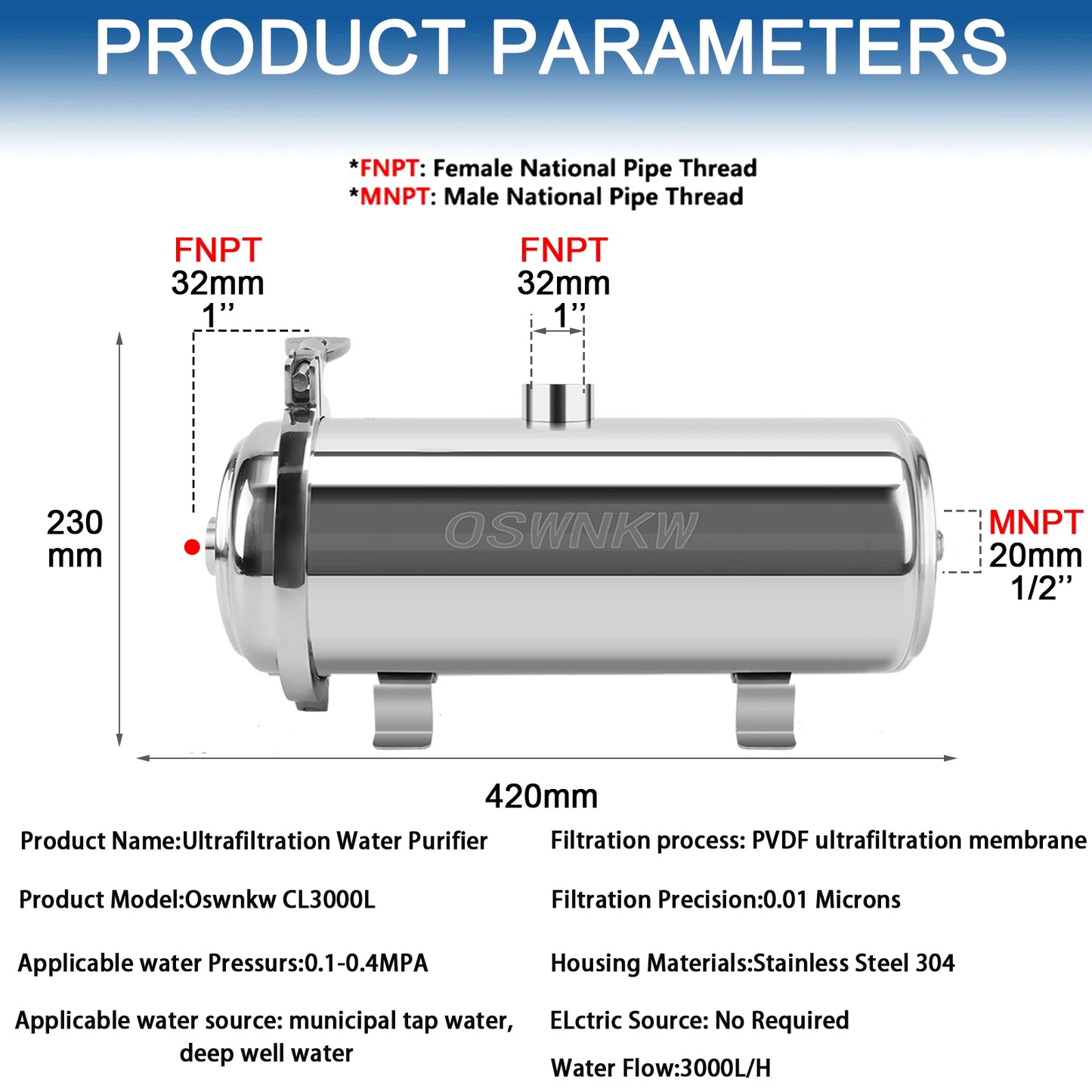 Large flow PVDF whole house ultrafiltration water purifier 0.01um pre-filter SUS304  service life 5 years.