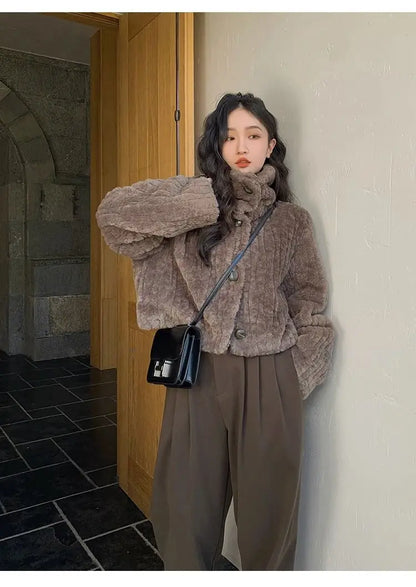 2025 Winter Fashion Stand Collar Warm Plush Short Jacket Women Autumn Retro Street Thickened Loose Harajuku Casual Short Jacket