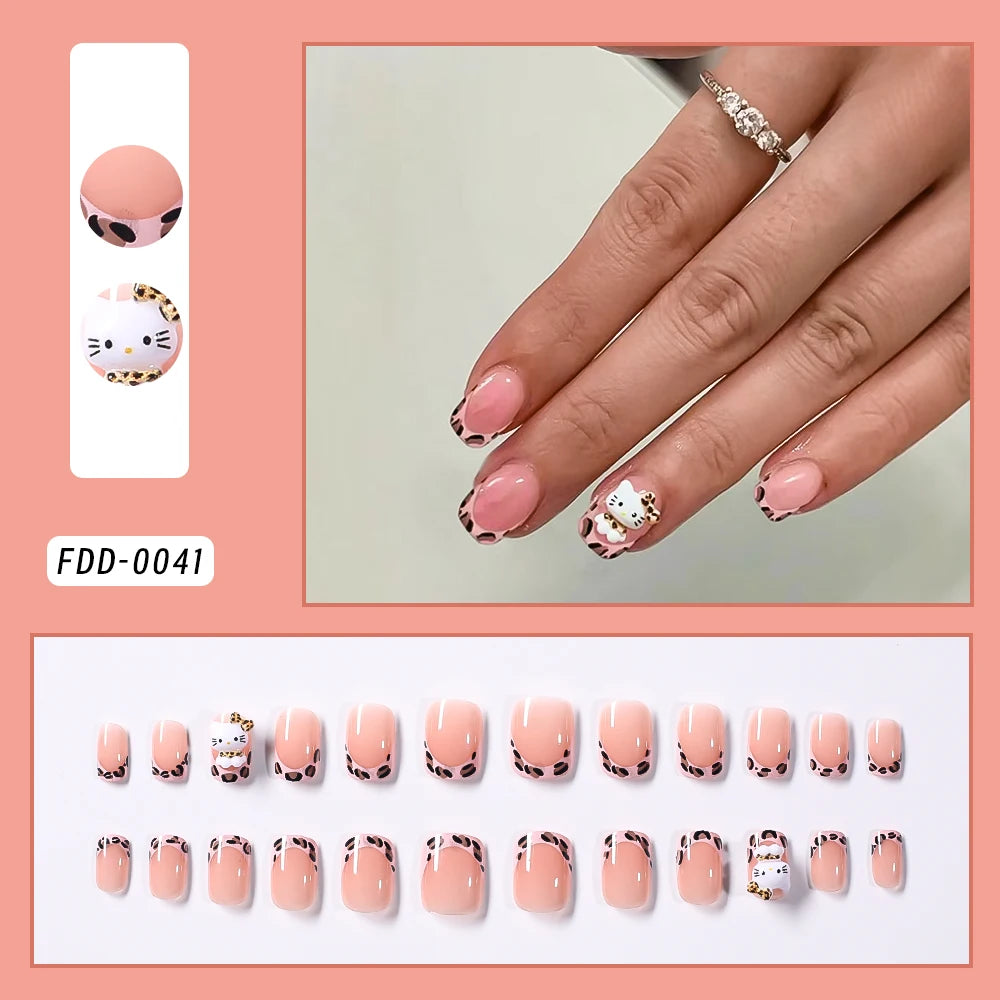 24Pcs Long Square Pink Hello Kitty False Nails French Wearable Full Cover Fake Nails Kitty Cat Bow Heart Design Press On Nails.