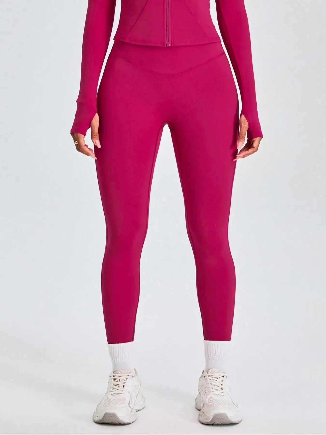 Fitfemme Two-piece Set Women's Solid Zip UpMock Neck Sports Jacket & HighWaist Leggings Set, SportyBreathable Quick Drying.