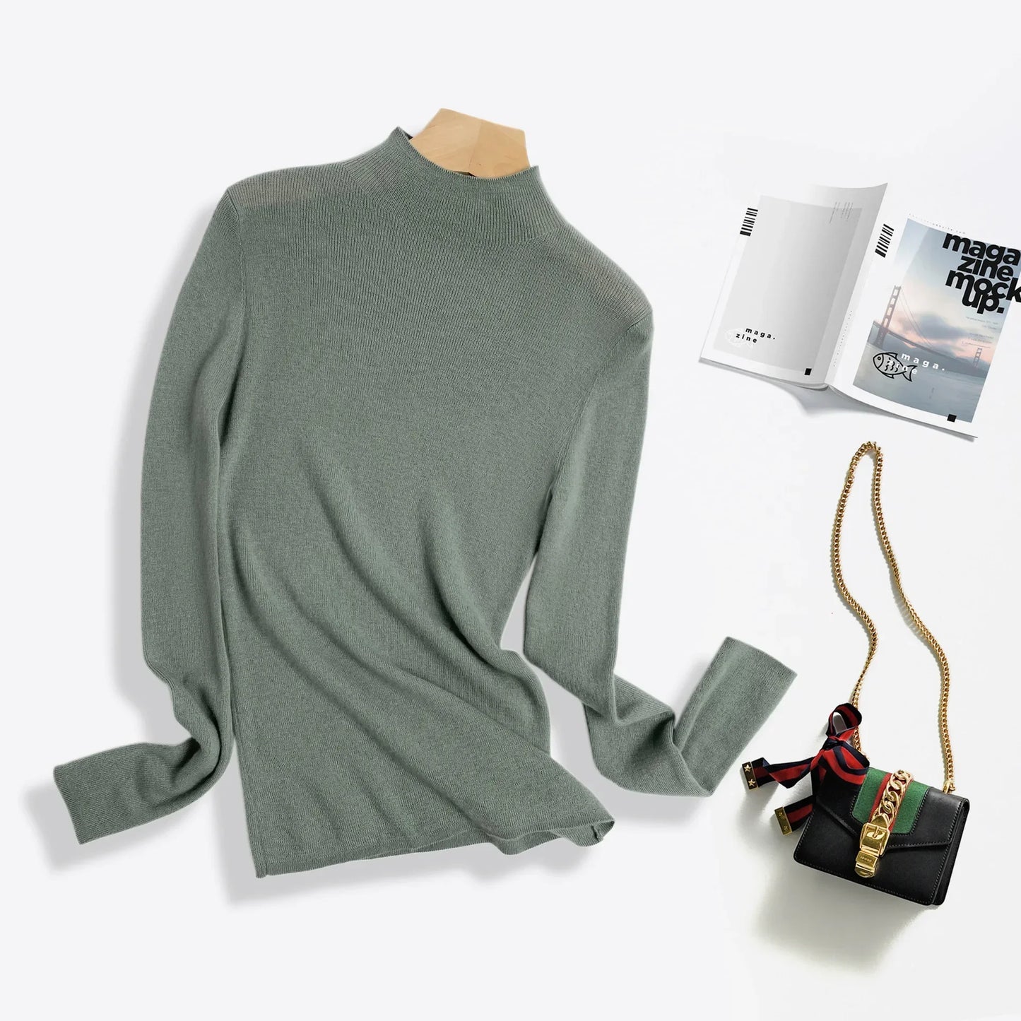 100% Ultra-fine Merino Wool Sweater Autumn and Winter Loose and Simple Semi-turtleneck Wool Bottoming Shirt Multi-color Sweater