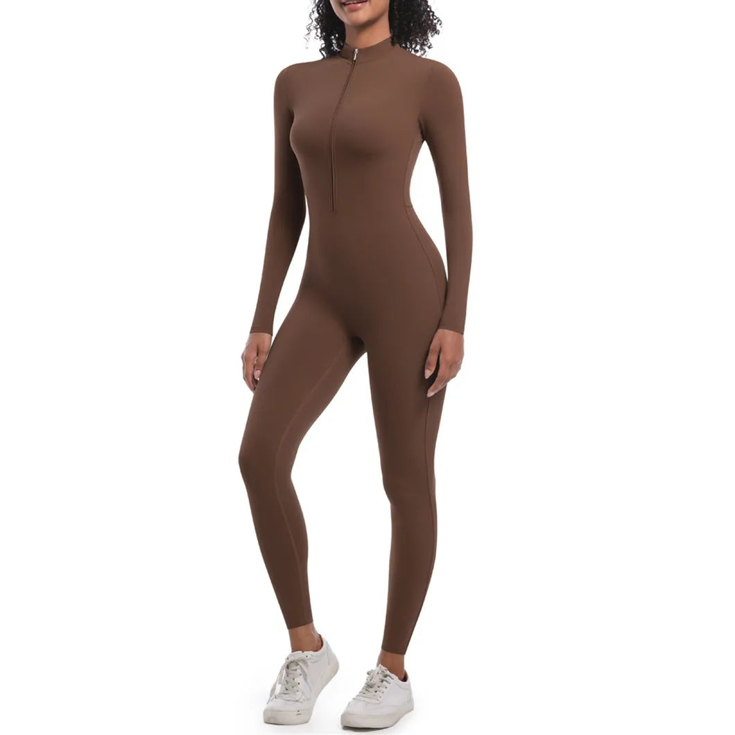 S-XL 2025 Nylon Zipper Long Sleeve Yoga Set Women One Piece Jumpsuit Fitness Gym Workout Pant Legging Running Romper Suit XP27.