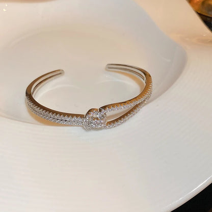 Exquisite Full Zircon Cuff Bracelets Gold Plating Copper Knot Opening Bracelet Minimalist Women's Bangle For Wedding Party.