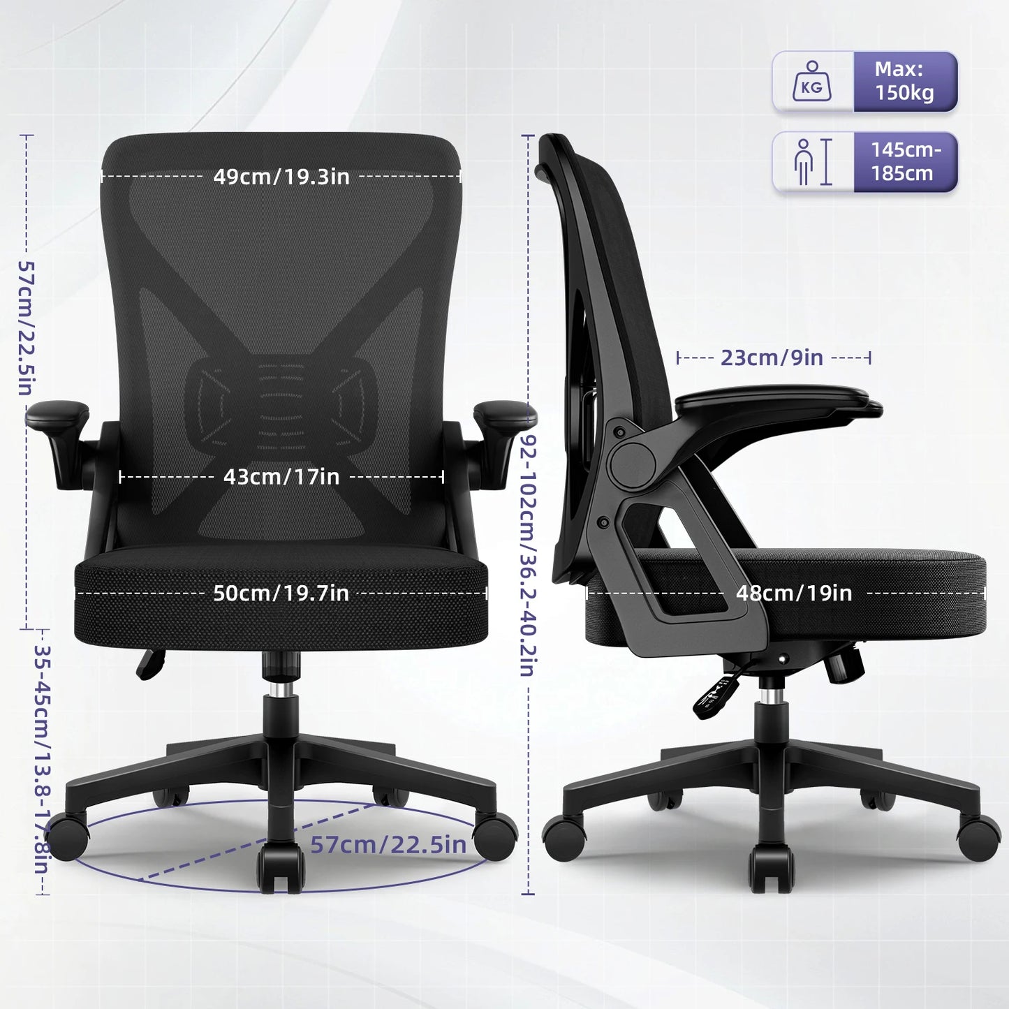 AUTHMIC Ergonomischer Bürostuhl mit Netzrücken, Lordosenstütze, hochklappbare Armlehnen, höhenverstellbar, für die Arbeit im Home-Office-Schreibtisch