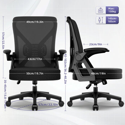 AUTHMIC Ergonomischer Bürostuhl mit Netzrücken, Lordosenstütze, hochklappbare Armlehnen, höhenverstellbar, für die Arbeit im Home-Office-Schreibtisch