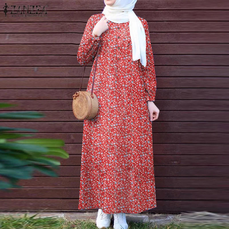 ZANZEA Islamic Women Floral Print Maxi Dress Long Sleeve Loose Casual Abaya Robes 2025 Spring Muslim Hijab O Neck Kaftan Dresses.