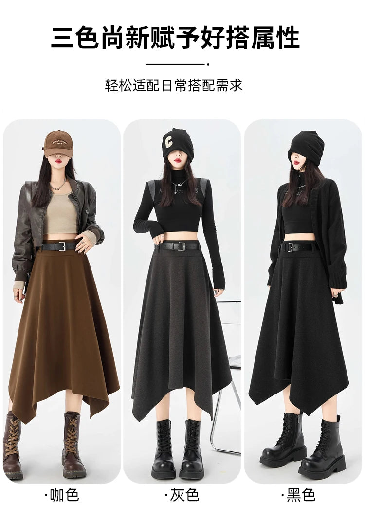 High Quality Irregular Woolen Skirt Women 2025 Autumn Winter New High Waist Slimming Midi Skirt Elegant A-line Faldas with Belt.