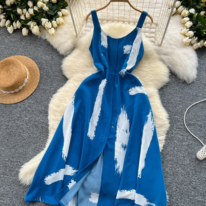 Neue Sommer Druck Süße Kleid Träger O Neck Backless Split Elegante Damen Urlaub Strand Party Midi Sommerkleid