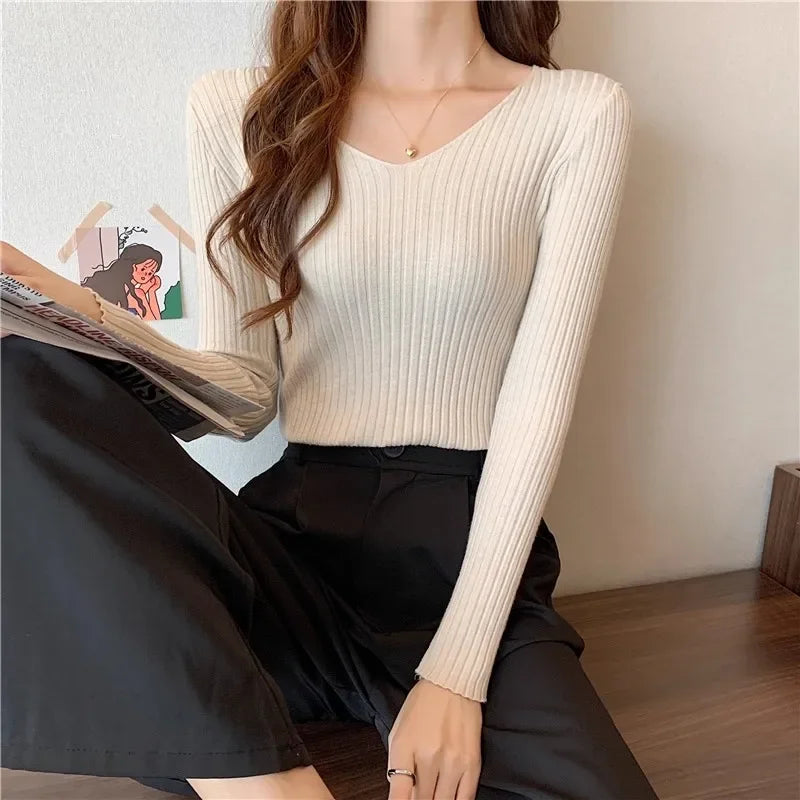 2025 einfarbig Schlank Pullover Koreanische Herbst Winter V-ausschnitt Pullover Mode Lässig Langarm Gestrickte Pullover Frauen Kleidung