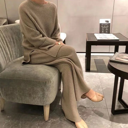 2024 Autumn Winter New Women's Fashion Fashionable Age Reducing Two Piece Pants Knitted Sweater Straight Leg Pants Set For Women