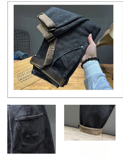 Tapered Jeans for Men's Clothing Autumn New Fashion Embroidered Korean Harem Pants Casual Stretch Black Denim Trousers.