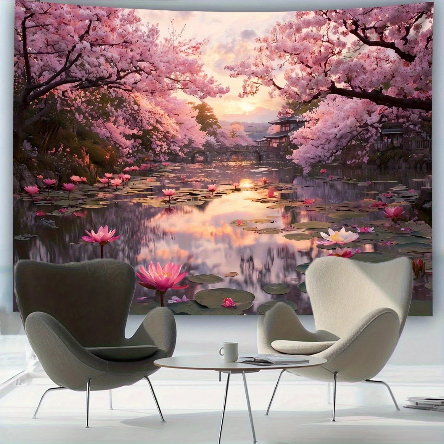 1pc Extra Large Japanese Cherry Blossom Sunset Tapestry - Pink Floral Lakeside Wall Hanging with Lotus Flowers, HD Printed Wrink.