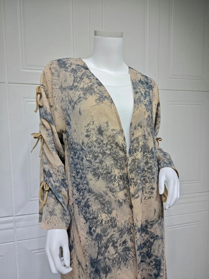 2025 sommer Arabisch Frauen Muslimische Kleidung Ramadan Dubai Offene Abaya Kleid mit Hijab Islam Gedruckt Chiffon 2 Stück Outfit