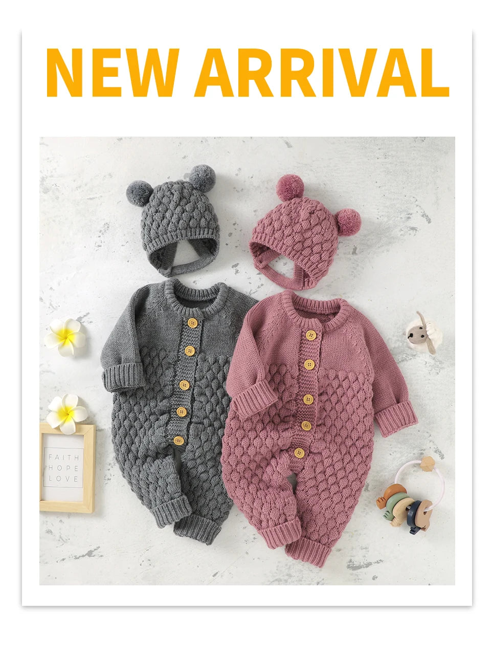 Autumn Baby Rompers Solid Long Sleeve Knitted Newborn Boys Girls Winter Outwear Jumpsuits Hats Clothes Sets 0-18m Infant Outfits