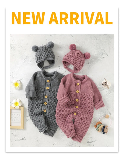 Autumn Baby Rompers Solid Long Sleeve Knitted Newborn Boys Girls Winter Outwear Jumpsuits Hats Clothes Sets 0-18m Infant Outfits