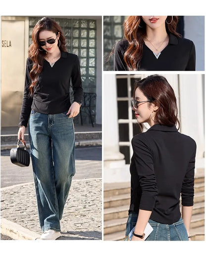 Korean version wine red long sleeved T-shirt for women in spring and autumn, new high-end fashion plus size lapel casual top.