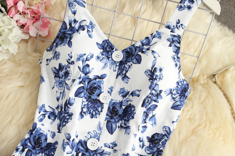 ALPHALMODA-Stretchy Tank-Kleid für Damen, schmales Baumwollkleid, einreihig, Blumendruck, elegant, Sommer, neu.