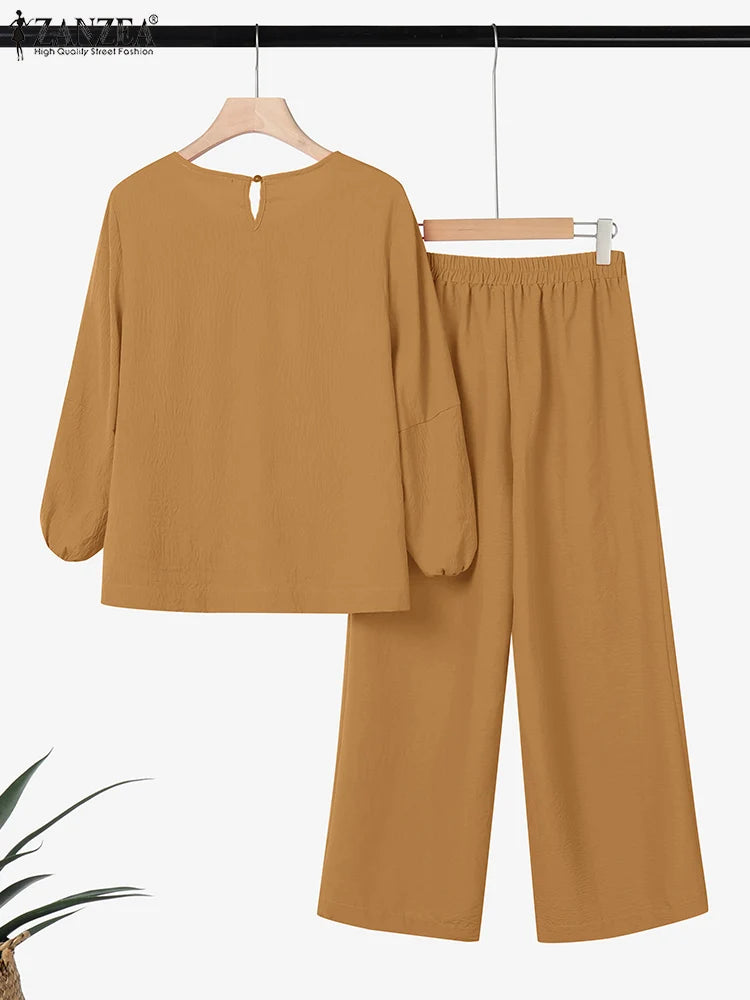 Fashion Women Two Piece Outfit ZANZEA Long Sleeve Top 2025 Autumn Casual High Waist Long Pants Sets Solid 2PCS Suits Tracksuit.