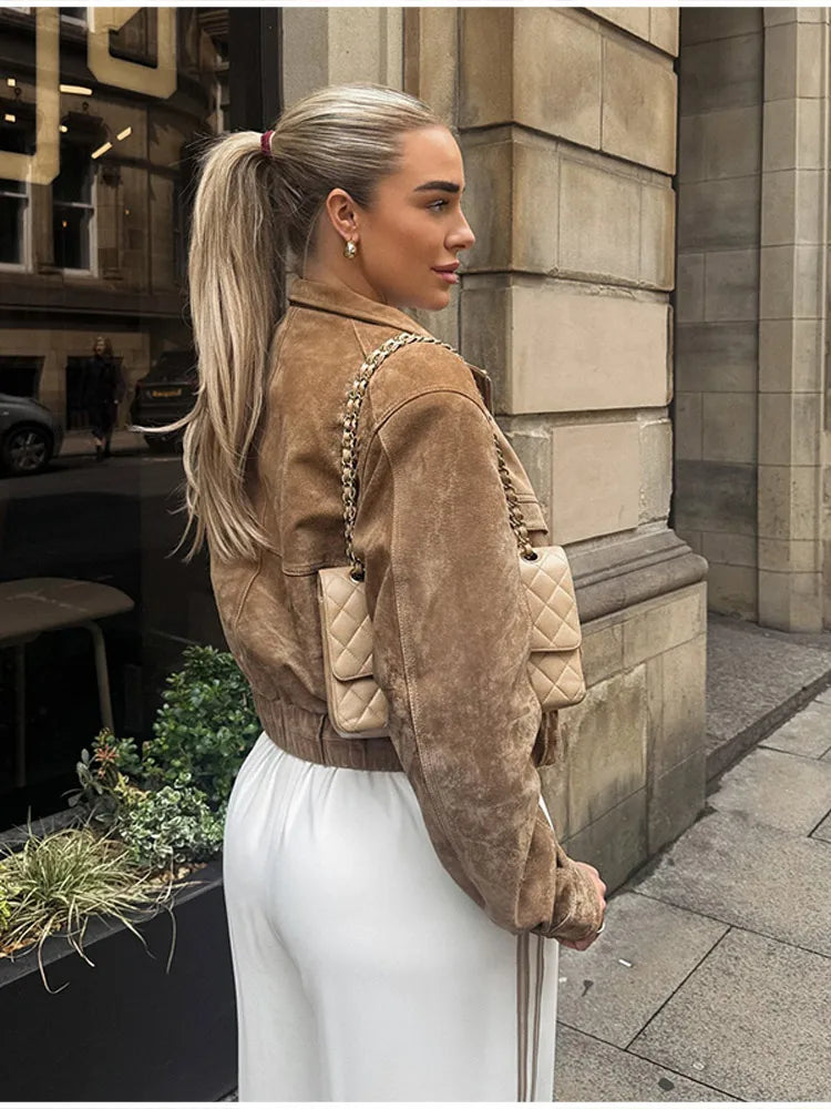 Retro-Jacke, modisch, Frühling und Herbst, lässig, lockere Tasche, langärmelig, trendig, cool, vielseitig, hochwertige Damen-Kurzjacke.