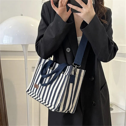 Cool Street Handbag, Large Capacity Women's Shoulder Bag, Trendy Striped Canvas Crossbody Bag, Fashion Travel Shopping Tote Bag