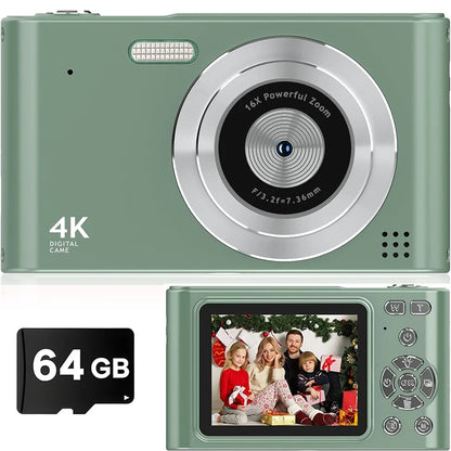 Retro digital camera, CCD camera, multilingual settings, gift for kids, students, 64GB SD card, pink.