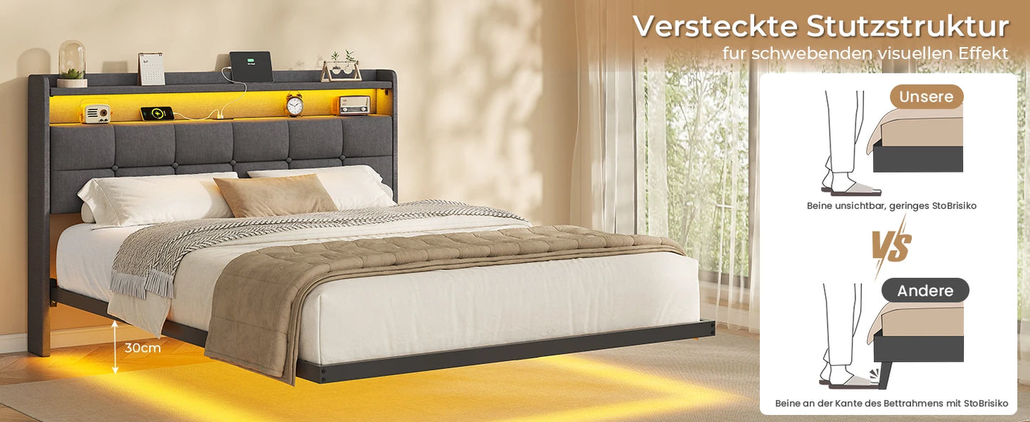 140 x 200 cm großes Polsterbett mit Doppelbettrahmen und LED-Beleuchtung und Ladestation. Kopfteil inklusive schwebendem Bettdesign