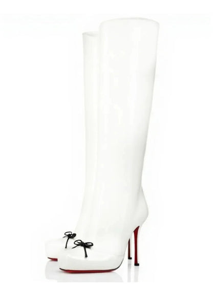 European and American Fashion Niche High-heeled Square Toe Side Zipper Knee High Bow Boots Women's Versatile Banquet Shoes.
