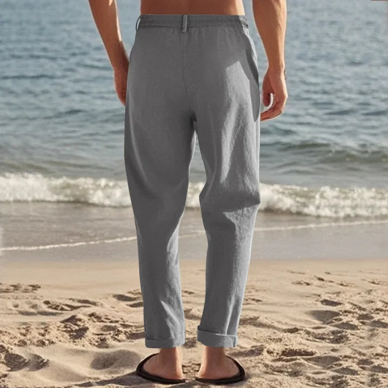 2024 drawstring men's simple fashion solid color casual cotton and linen straight trousers.