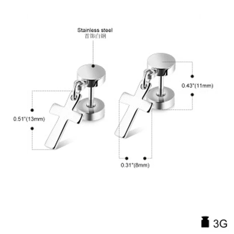 New 2PCS Men's Knights Simple Cross Stud Earrings Templar Knight Ear Studs Stainless Steel Crucifix Male Jewelry Gifts.