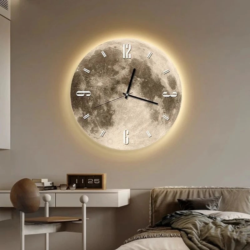 20-Zoll-Mode-Wanduhr, Esszimmer, Wohnzimmer, Mond, die Erde, Modellierung, LED-Licht, geräuschloses Uhrwerk, Schlafzimmeruhr, Wanddekoration