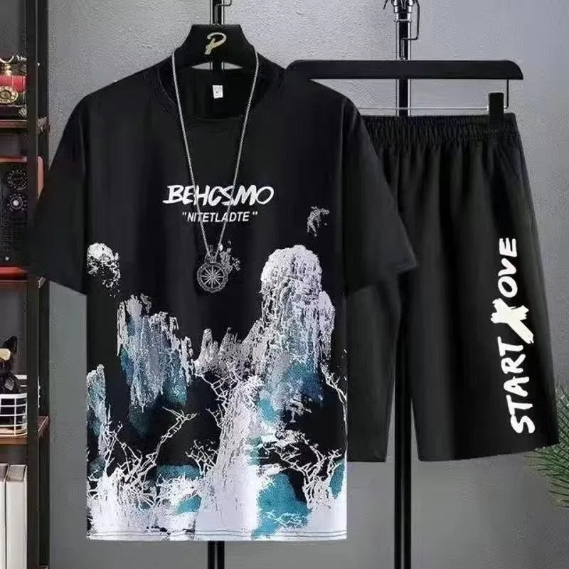 2024 Summer leisure Men set Manga Graffiti Tees T-shirt+shorts 2-piece Comfortable and breathable for men Top Print Tshirts sets.
