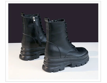 WOIZGIC Women Female Ladies Mother Genuine Leather Ankle Boots Shes Warm Autumn Winter Plush Zipper Motorcycle British Increase.