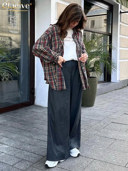 Clacive Fashion Loose Plaid Women's Shirt 2025 Vintage Lapel Long Sleeve Blouses Elegant Classic Blusas Top Female Clothing.