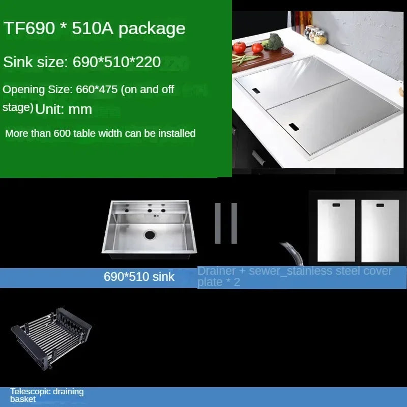 Hidden Stainless Steel Kitchen Sinks Modern Kitchen Accessories with Cover Kitchen Sink Dish Drainer Light Luxury Single Tank L