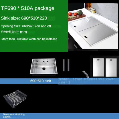 Hidden Stainless Steel Kitchen Sinks Modern Kitchen Accessories with Cover Kitchen Sink Dish Drainer Light Luxury Single Tank L