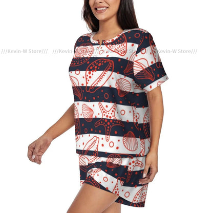 Damen-Pyjama-Set, kurzärmelig, nautisch, niedlich, gestreift, Marine-Muscheln und Fossilien, Nachtwäsche, Loungewear für Sommer-Nachtwäsche.