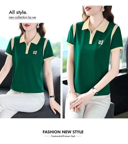 Fashionable Short Sleeve Polo Shirt Women's Summer Sporty Hong Kong Style Top High End Mixed Fabric Slim Fit T-Shirt.