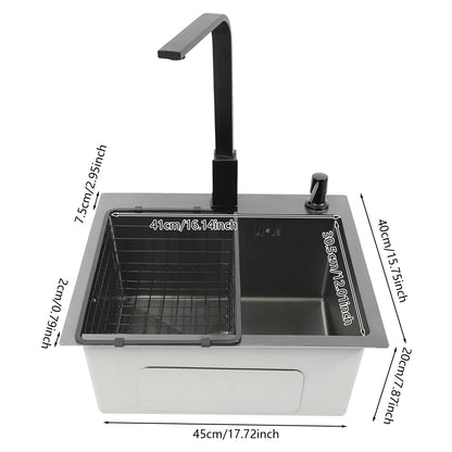 Edelstahlspüle 40 x 45 cm, schwarze Küchenspüle mit Spültischarmatur, 1 x 45 cm, Unterschrankspüle W | Abtropfbrett und Sieb