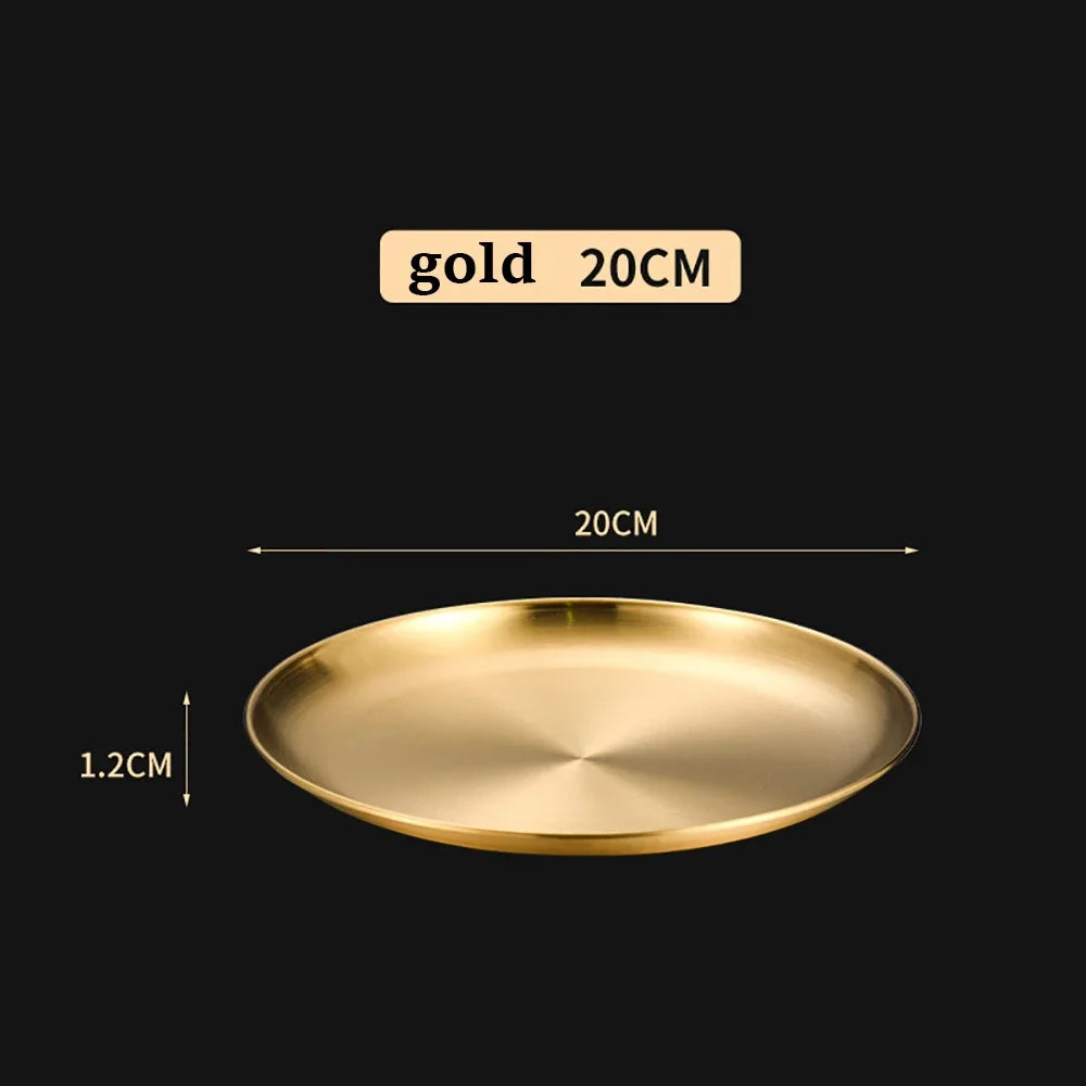 1Pcs Gold Stainless Steels Metal Round Plate Rust-Proof Shallow Tray Plate Camping Plate BBQ Picnic Dishes Cookware Tableware.